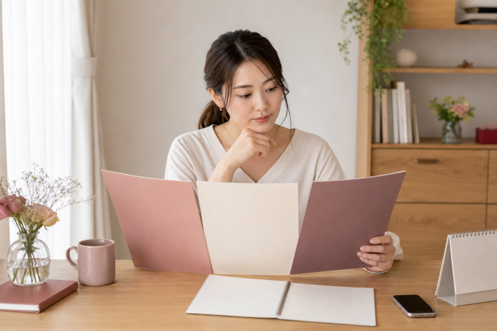 3社の結婚相談所資料を机上で比較する女性