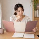 3社の結婚相談所資料を机上で比較する女性