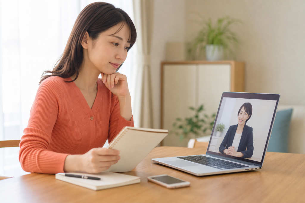 結婚相談所のオンライン無料相談に備えて質問メモを確認する日本人女性