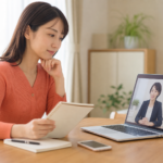 結婚相談所のオンライン無料相談に備えて質問メモを確認する日本人女性