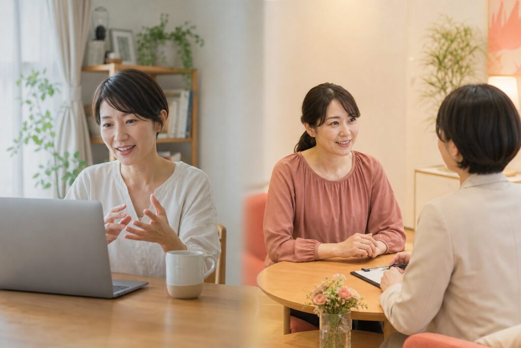 オンライン相談と店舗相談を比較する日本人女性
