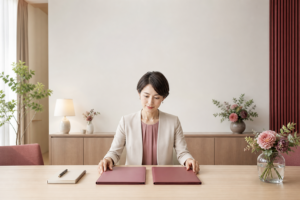 2つの結婚相談所の資料を机上で見比べる女性のイメージ