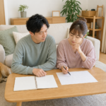 犬と猫のそばで結婚後の暮らしを相談する男女