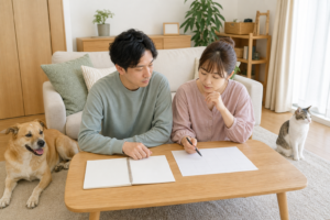 犬と猫のそばで結婚後の暮らしを相談する男女