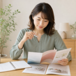結婚相談所の資料とチェックリストを比較する女性