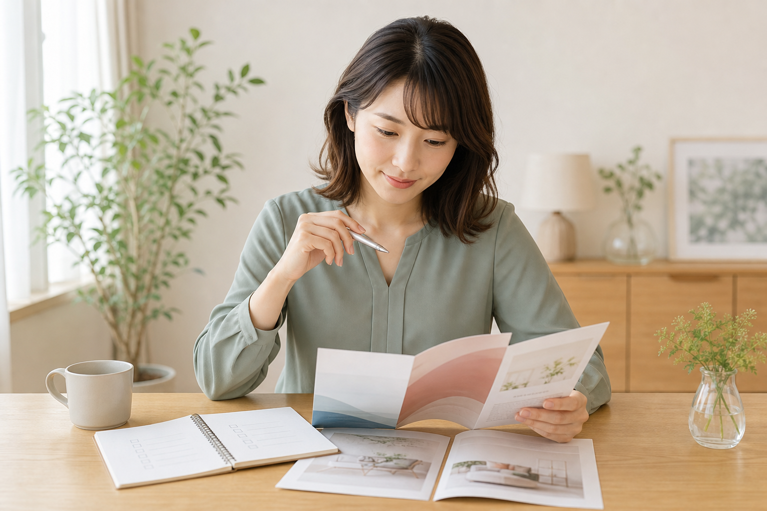 結婚相談所の資料とチェックリストを比較する女性